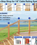 Marine Grade Stainless Steel T316 Right And Left Handed Swage Lag Screws For Wood Posts 1 8 Inch Steel Cable Railing Kit DIY Deck And Stair Cable Railing Hardware Wrench Included DM35 displayed on a deck setup with installation tools and diagram