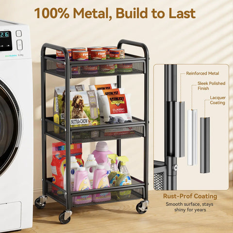 Three Tier Rolling Metal Cart With Wheels For Home Office Craft Kitchen Bedside Storage Dope Utility Cart With Hanging Cups Hooks And Mesh Basket Heavy Duty Black 110 Lbs Capacity, showcasing reinforced metal and smooth lacquer coating next to a washing machine.