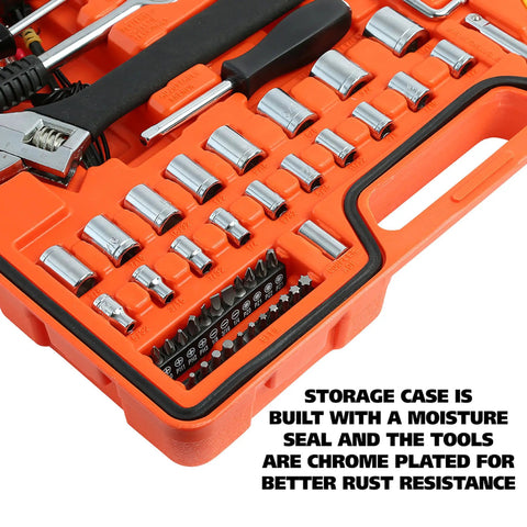 Close-up of 125 Piece Marine Tool Set in a Water Resistant Boat Tool Box with sockets in orange high visibility case