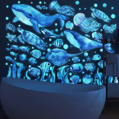 Glow In The Dark Under The Sea Wall Decals Set With Five Sheets Including Turtle, Jellyfish, Seaweed And Ocean World Theme for bathroom