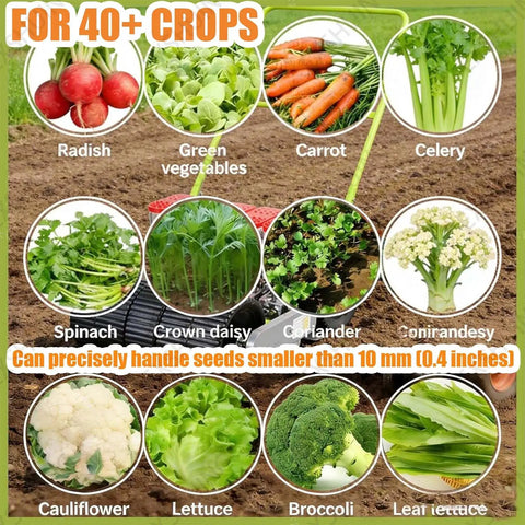 Easy Seed Sprayer And Corn Planter Hand Seeder for 40 Plus Crops like radish, carrot, and lettuce displayed on soil background
