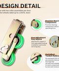 Image showing End Adjust Tandem Patio Door Rollers with steel carrier, green nylon wheels, and precision bearing components.