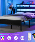 Heavy Duty Full Size Bed Frame With Smart RGB LED Lights App Control Storage Headboard Built In USB Chargers Black Oak Finish, side view