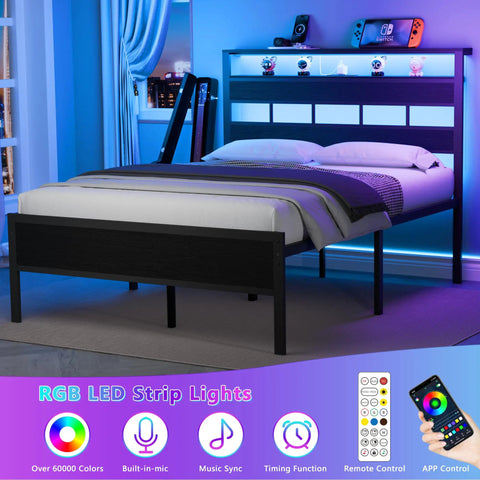 Heavy Duty Full Size Bed Frame With Smart RGB LED Lights App Control Storage Headboard Built In USB Chargers Black Oak Finish, side view