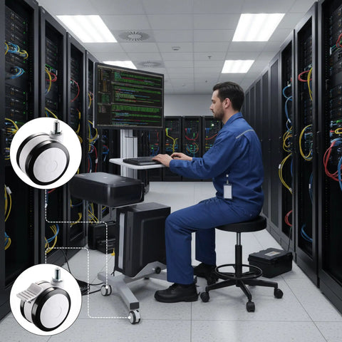 Man using a computer cart with Solid Build Mute Wheel Replacement Swivel Casters For PC Mobile Cart features in data center.