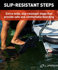 SureStep Pontoon Ladder With Slip Resistant Steps Saltwater Rated Aluminum Treads And Stainless Steel Handrails Easy Boarding For Kids And Pups Heavy Duty 400 Lb Capacity ABYC Compliant Boat Access, shown on pontoon boat