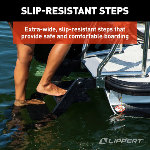 SureStep Pontoon Ladder With Slip Resistant Steps Saltwater Rated Aluminum Treads And Stainless Steel Handrails Easy Boarding For Kids And Pups Heavy Duty 400 Lb Capacity ABYC Compliant Boat Access, shown on pontoon boat