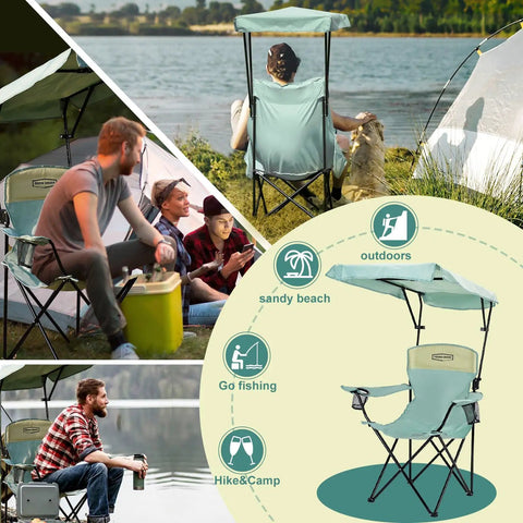 Portable Camping Chair With Adjustable Sunshade Canopy, Oversized Lightweight Beach Chair With Side Pocket, Easy Open Close, UPF 50 Durable 600D Fabric, Great For All Outdoor Activities, Blue by a riverside