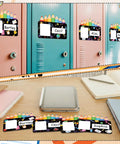 Colorful 36 Pack Desk Name Plates With Photo Space Self Adhesive Kids Name Tags For Classroom Organization displayed on lockers and desk.