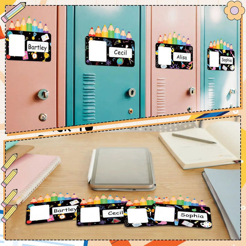 Colorful 36 Pack Desk Name Plates With Photo Space Self Adhesive Kids Name Tags For Classroom Organization displayed on lockers and desk.