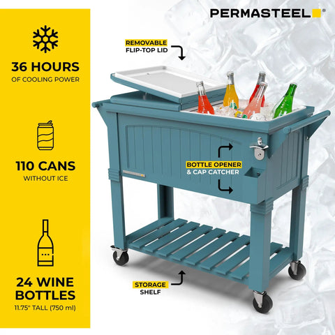 Party Cooler With Divider And Locking Lid, 80-Qt Rolling Ice Chest For Indoor Outdoor Entertaining, Matte Teal Finish, Front View
