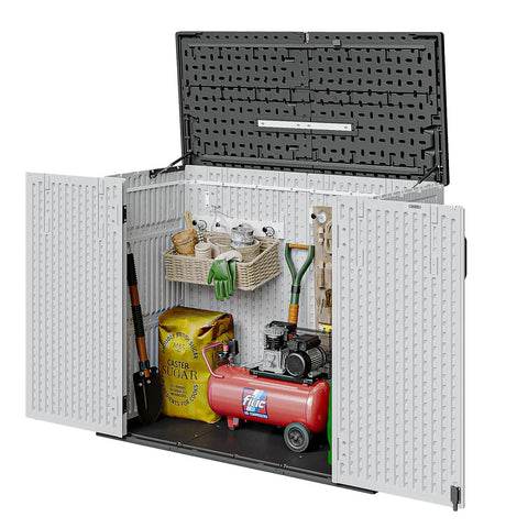 Heavy Duty HDPE Outdoor Storage Box 41 Cu Ft 160 Gallon Waterproof Lockable Deck Box With Spring Assisted Lid, open view