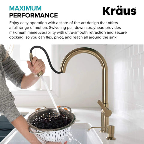 Game Changer Stainless Steel Pull Down Kitchen Faucet With Spot Free Brushed Finish And Full Range Swivel Spout in use while washing fruit.