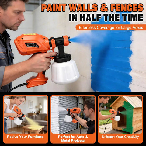 Professional Electric Paint Sprayer With 800W Motor And 1200ml Cup Includes Four Adjustable Nozzles For Three Flexible Patterns To Help You Knock Out Any Home Project Fast Without The Sweat Or Hassle, painting a wall blue.