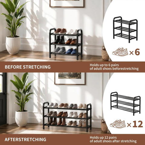 3 Tier Expandable Shoe Rack With Adjustable Telescopic Design For Entryway Or Walk In Closet Sneaker Storage Organizer To Stack Your Fresh Kicks And Keep The Setup Tight Heavy Duty Top Notch Shelving Unit