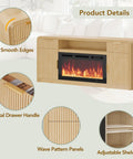 70 Inch Fireplace TV Stand With Wavy Fluted Doors And Adjustable Shelves For 80 Inch TV, LED lighting and golden handle