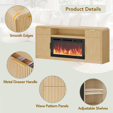 70 Inch Fireplace TV Stand With Wavy Fluted Doors And Adjustable Shelves For 80 Inch TV, LED lighting and golden handle