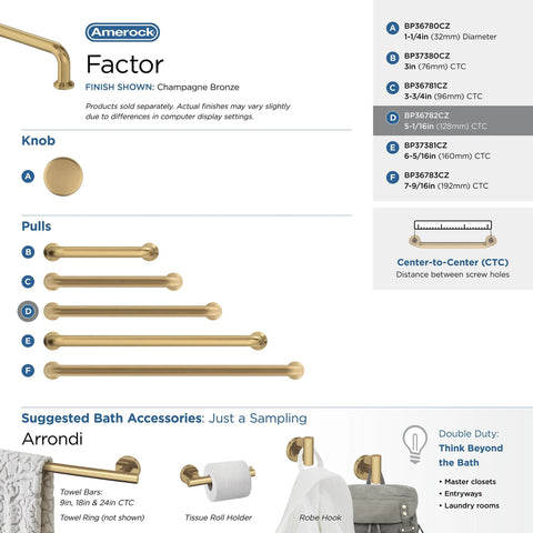 Champagne Bronze cabinet pulls and knobs in various sizes, including 5-1/16 in C-C, part of Amerock Factor Collection