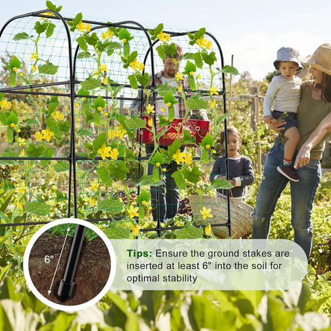 Family gardening with heavy duty 7.3ft cucumber trellis for raised bed garden arch with net rustproof steel plant support.