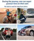 People repairing punctured tires on cars using 60 Piece Tire Repair Kit With Heavy Duty Plugs And Screws Quick Fix Puncture For Tubeless Tires No Tow Needed Portable Roadside Emergency Tool For Car Motorcycle SUV ATV Truck.