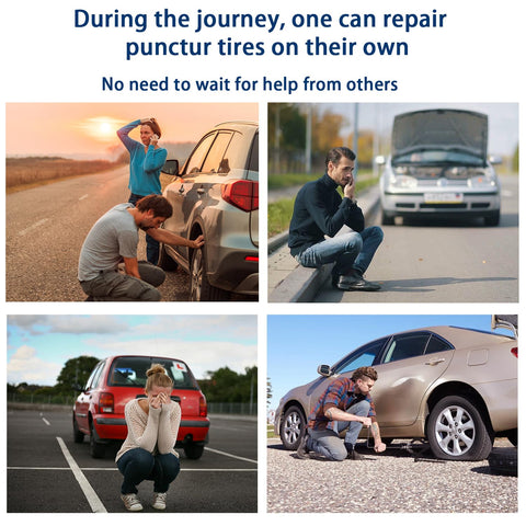 People repairing punctured tires on cars using 60 Piece Tire Repair Kit With Heavy Duty Plugs And Screws Quick Fix Puncture For Tubeless Tires No Tow Needed Portable Roadside Emergency Tool For Car Motorcycle SUV ATV Truck.