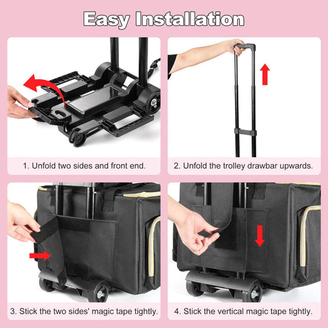 Rolling Teacher Bag With Wheels And Detachable Trolley setup steps with focus on folding and attachment instructions