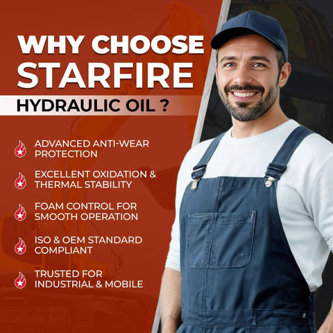 Smiling man in overalls next to text highlighting benefits of hydraulic oil, including anti-wear and oxidation protection, for industrial use.