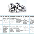 Bearing balls, assorted 1 mm stainless steel, front view, polished metal spheres in varying sizes.