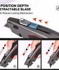 Heavy Duty Box Cutter Retractable Knife With 2 In 1 Cutting Modes, Auto Retracting Safety Knife And 3 Position Lock, Zinc Alloy Build, Blade Storage, Includes 3 SK4 Blades For Tough Jobs, 3-position lock detail