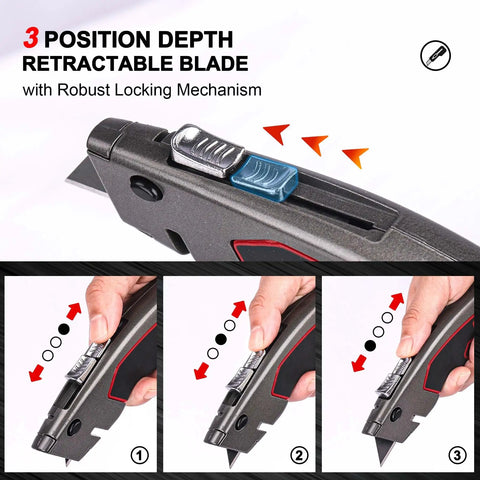 Heavy Duty Box Cutter Retractable Knife With 2 In 1 Cutting Modes, Auto Retracting Safety Knife And 3 Position Lock, Zinc Alloy Build, Blade Storage, Includes 3 SK4 Blades For Tough Jobs, 3-position lock detail