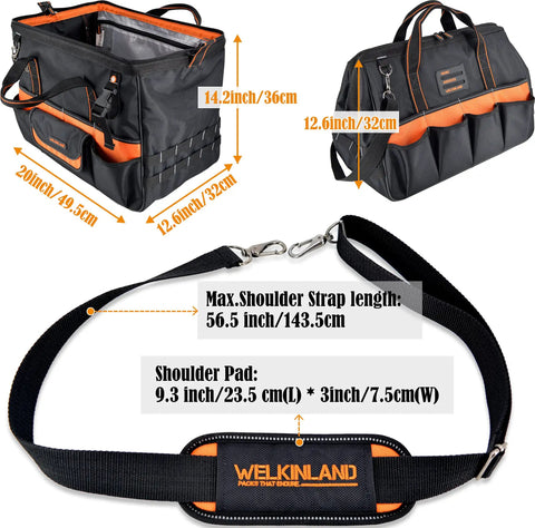 20 Inch Electrician Tool Bag Pro Grade Beast Heavy Duty Tote with 32 pockets and shoulder strap measurements