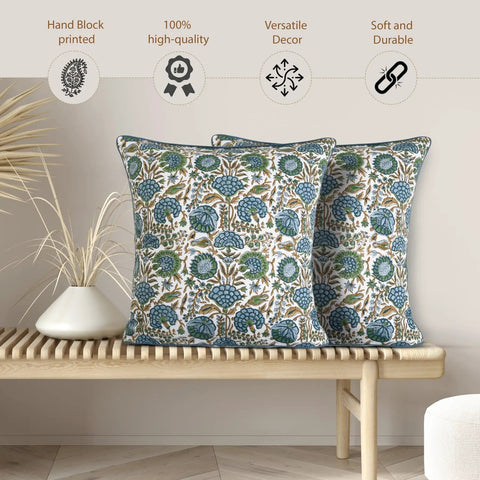 Block Print Asparagus Green Pillow Covers 16x16 Set of 2, cotton pillow covers on bench