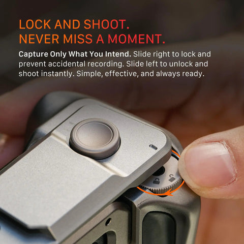 Close-up of DJI Osmo Action 6 Street Snap Kit Camera Cage with locking dial feature in use.