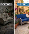 Before and after of waterproof outdoor cushion covers for patio furniture, showing navy 8-piece stretch slipcovers in garden setting.