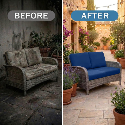 Before and after of waterproof outdoor cushion covers for patio furniture, showing navy 8-piece stretch slipcovers in garden setting.