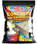 Rock Solid Waterproofing Powder For Concrete And Mortar Sealer That Slams The Door On Water Infiltration Across Roofs And Basements Featuring Anti Crack Protection And Pro Grade No Sweat Application At 16 Oz Bag in a colorful package with a concrete surface.
