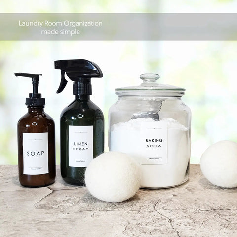 Waterproof Laundry Room Labels For Containers And Cabinets on soap, linen spray, and baking soda jars