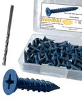 One Quarter By One And A Quarter Inch Flat Head Concrete Screws 100 Pack For Masonry Anchors In Concrete Brick Or Block High And Low Thread Carbon Steel 1022A in blue Ruspert finish, shown in open box with single screw and drill bit