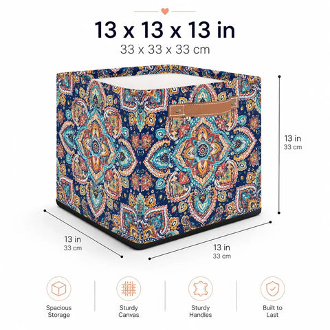 Foldable Paisley Mandala Storage Basket 13 Inch Cube with reinforced handles and durable canvas for organization.