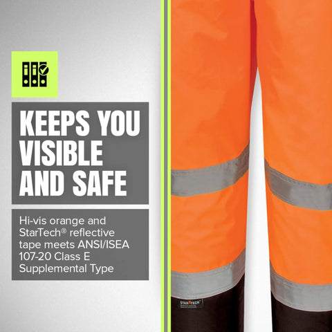 Hi Viz Ripstop Waterproof Bib Pants For Men With Reflective Safety Strips, close-up of reflective tape and high visibility orange fabric