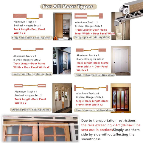 Heavy Duty Two Door Sliding Barn Door Hardware Kit With Flex Bronze Aluminum Track And Smooth Rolling Wheels For Quick Wall Or Ceiling Setup Handles Like A Dream Up To Four Hundred Fifty Pounds, showing various door types and configurations.