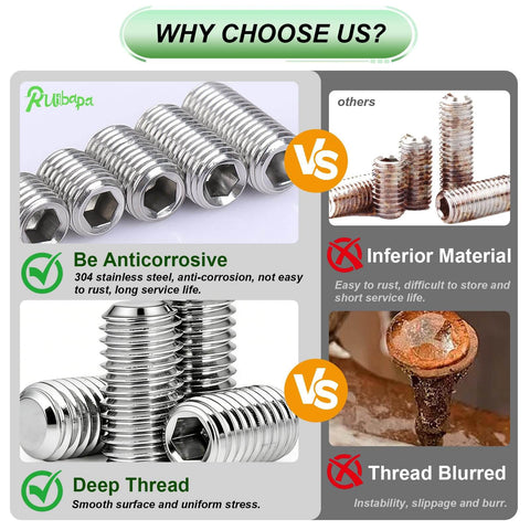 Promotional image comparing 304 Stainless Steel Metric Set Screw Kit with inferior materials, highlighting corrosion resistance and deep thread features.