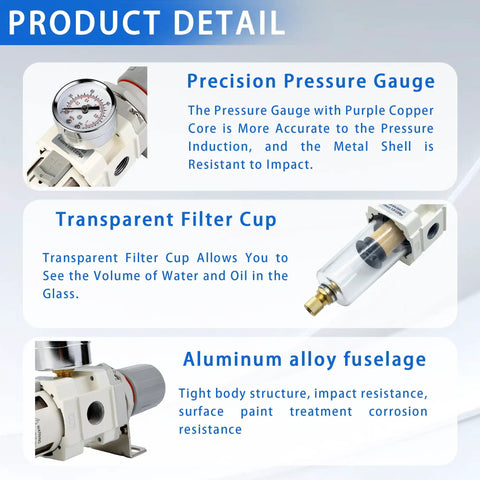 Product details of Beefy Three Eighth NPT Compressed Air Filter Regulator Combo with gauge, filter cup, and aluminum body