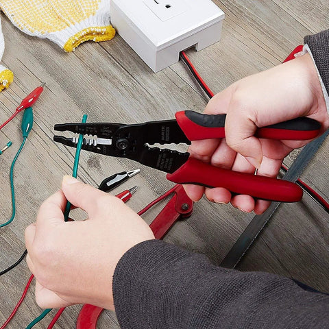 Get The SavvyFIX 8-Inch Professional Wire Stripper Tool, Wire Crimper & Wire Cutter being used on wires for DIY electrical work.