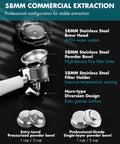 58mm commercial extraction components including stainless steel brew head, powder bowl, filter holder, and diversion design.