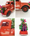 Collage of Red Metal Truck With Led String Light And Christmas Tree Ornaments Bell For Tabletop Xmas Decor And Fireplace Mantel Vintage Farmhouse Pickup Vehicle Collectible 15 Inch Large