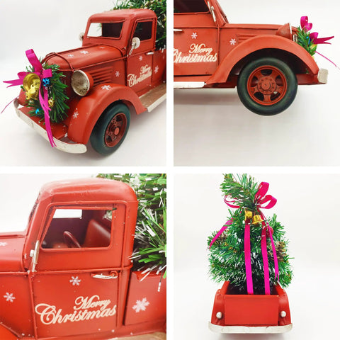 Collage of Red Metal Truck With Led String Light And Christmas Tree Ornaments Bell For Tabletop Xmas Decor And Fireplace Mantel Vintage Farmhouse Pickup Vehicle Collectible 15 Inch Large
