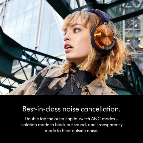 Side view of person wearing OnTrac Noise Cancelling Headphones With Eight Mics, Delivers Up To 40 dB ANC, Copper Finish.