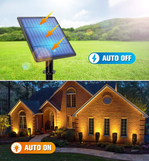 Built Tough Metal Solar Spot Lights Outdoor With 9.8 Foot Cable Low Voltage IP65 Waterproof Landscape Lighting showing day-night auto feature