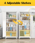 Tall White Metal Pantry Cabinet With Door 75 Inch High Kitchen Storage Cupboard With Adjustable Feet and 4 Shelves